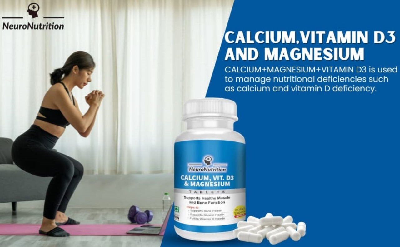 Neuronutrition Calcium + D3 + Magnesium – Supports bone & muscle health-One bottle of 60 Tabs