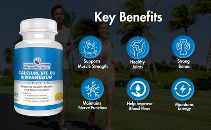 Neuronutrition Calcium + D3 + Magnesium – Supports bone & muscle health-One bottle of 60 Tabs