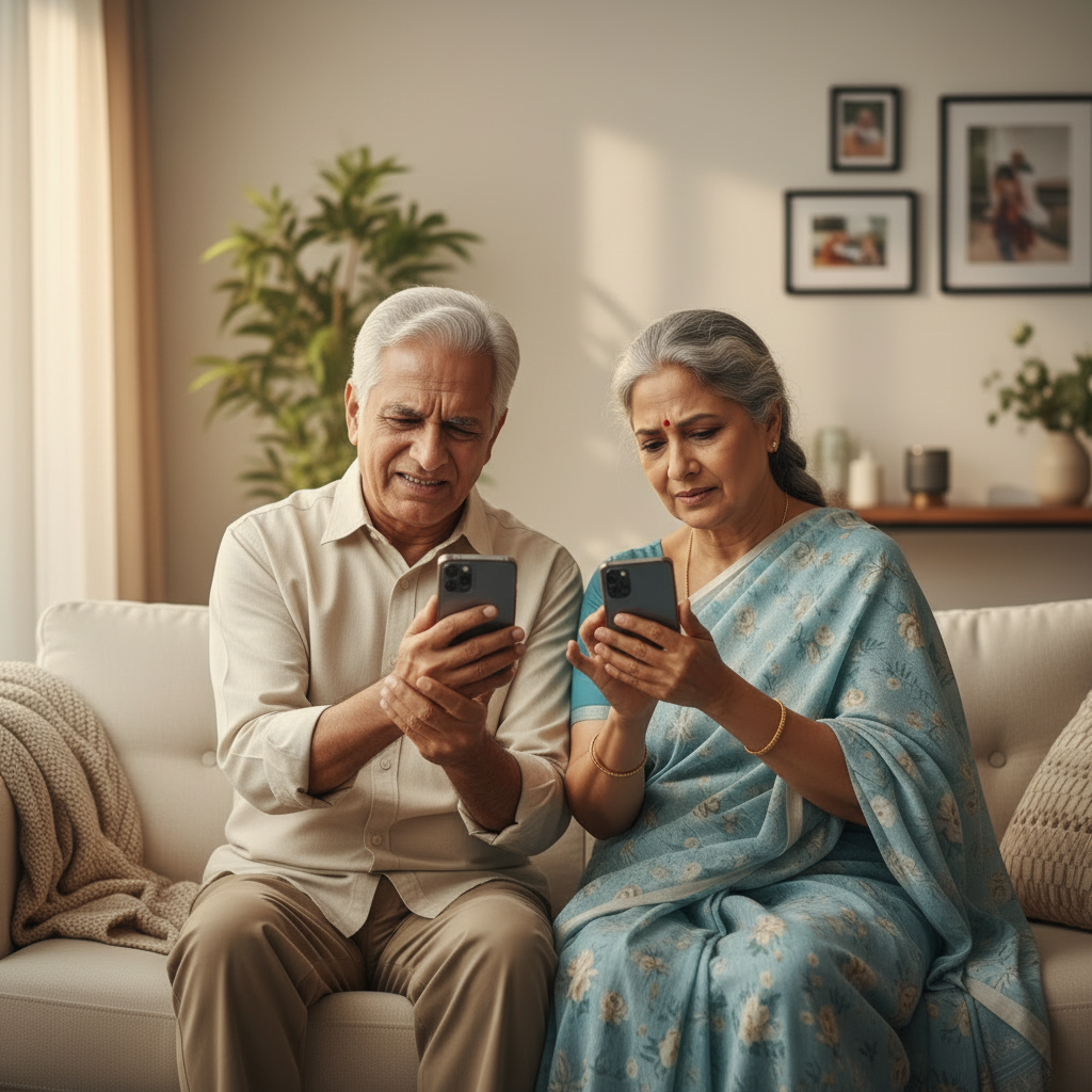 Elderly Indian couple with pain while scrolling