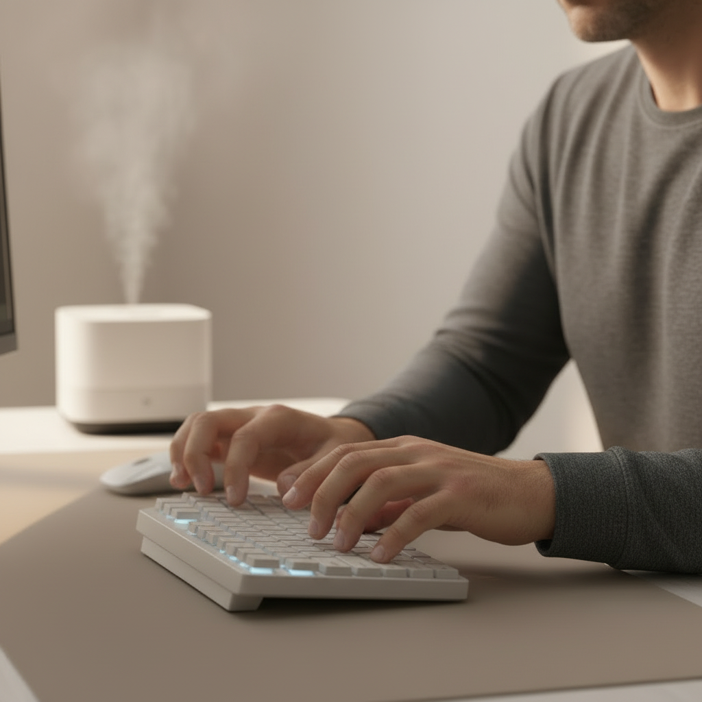 Man with painful hands on keyboard