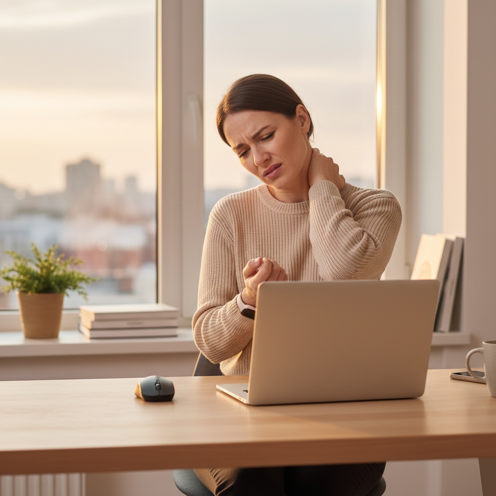 Woman with neck and wrist pain at computer