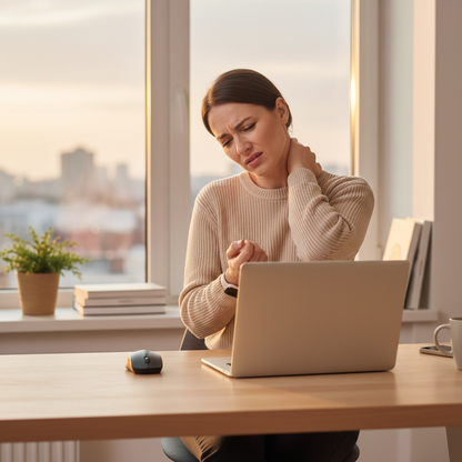 Woman with neck and wrist pain at computer